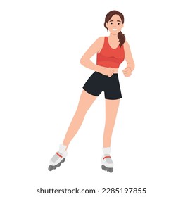 Hermosa mujer en patines de ruedas. Ilustración vectorial sobre fondo blanco. Concepto deportivo. Ilustración vectorial plana aislada en fondo blanco