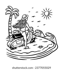 beautiful woman riding a scooter on the beach line illustration