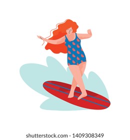 Beautiful Woman Riding Surfboard, Girl Doing Sports and Relaxing on Beach, Summer Outdoors Activities Vector Illustration