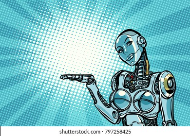 Beautiful woman robot presents. Pop art retro vector illustration