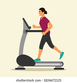 Beautiful woman is running on the treadmill. Flat vector illustration of athletic young girl in the sportswear doing exercise on the treadmill. Indoor fitness concept isolated on white.