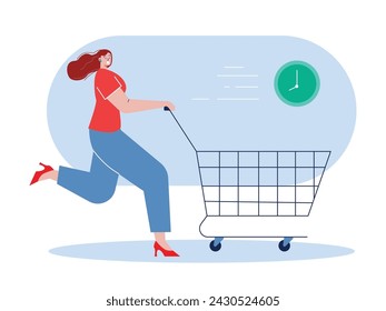 Beautiful woman running pushing trolley, buying discount goods in hypermarket. Character design. Vector flat illustration