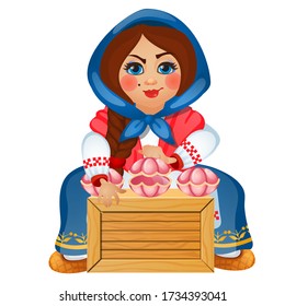 A Beautiful Woman In A Russian Folk Costume Is Playing A Game. The Thimble Game Is Made In The Form Of Clam Shells Isolated On White Background. Vector Cartoon Close-up Illustration.