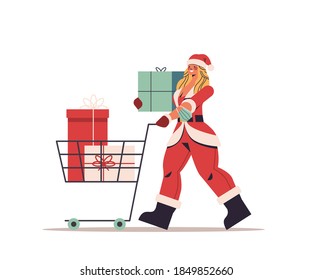 beautiful woman in santa claus costume pushing trolley cart with gifts happy new year merry christmas holiday celebration concept full length horizontal vector illustration
