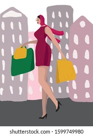 A beautiful woman in a scarf and dress, in high heel shoes is walking around the city with packages from shops. Woman daily life, everyday.  Relax. Flat modern vector isolated illustration. Shopping.