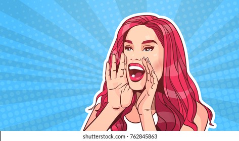 Beautiful Woman Screaming Advertisement Announcement Concept Over Pop Art Poster Background Attractive Female With Long Red Hair Vector Illustration