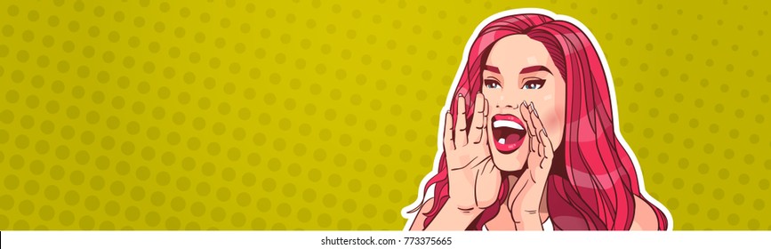 Beautiful Woman Screaming Advertisement Announcement Concept Over Pop Art Poster Background Attractive Female With Long Red Hair Horizontal Banner Vector Illustration