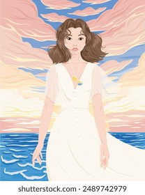 Mujer hermosa en el mar. Chica joven relajada feliz que viaja sola. Paisaje tranquilo al atardecer en el océano. Arte de concepto de corazón de pasión de mujer. Ilustración vectorial plana de color para impresión, diseño de postal.