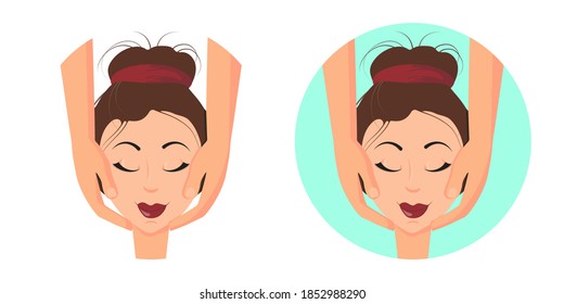 Beautiful woman at session of rejuvenating facial massage. Masseur hands doing face massage. Relaxed. Concept of Spa, massage parlor, beauty salon. Isolated icon, illustration in flat vector style 