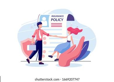Beautiful woman shaking hand with businessman in front of insurance policy vector illustration. Insurance Policy concept