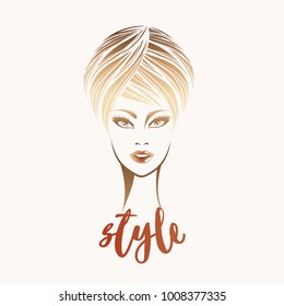 Beautiful woman with shiny, blonde hair and bold makeup.Cosmetics and beauty vector icon.