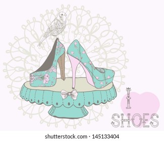 Beautiful woman shoes illustration with text - I love shoes in retro style, VECTOR