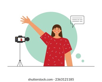 Hermosa mujer que filma a una blogger usando una cámara con ropa roja y la mano levantada saludando a la audiencia. Diseño de caracteres. Ilustración plana del vector