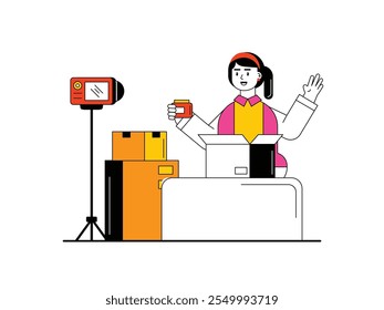 Beautiful woman is shooting in house with a camera, making unboxing content of shopping items. Character design. Vector flat illustration