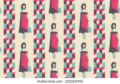 Beautiful woman with shopping bag, seamless vector pattern