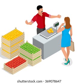 Beautiful woman shopping fresh fruits. fruit seller in a farmer market. Stand for selling fruit. Crate of apples, pears. Flat 3d isometric vector illustration for infographic. 