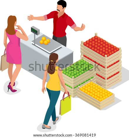 Beautiful woman shopping fresh fruits. fruit seller in a farmer market. Stand for selling fruit. Crate of apples, pears. Flat 3d isometric vector illustration for infographic. 