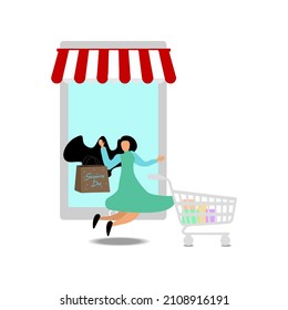 Beautiful woman shopping. Girl with package. Fashionable. Vector illustration in cartoon style