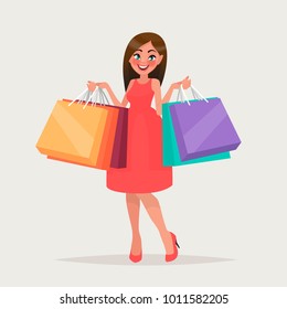 Beautiful Woman Is Shopping. The Girl With The Packages. Fashionable. Vector Illustration In Cartoon Style