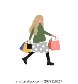 Beautiful woman is shopping. The girl with the packages. Fashionable. Vector illustration in cartoon style