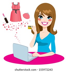 Beautiful woman shopping online using a laptop buying some fashion goods and products with her golden credit card