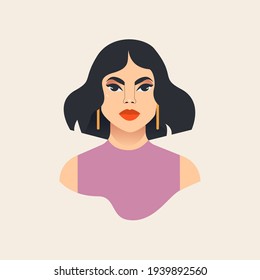 Beautiful Woman With Short Black Hair. Flat Vector Illustration.