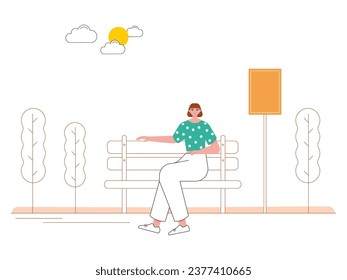 A beautiful woman with short hair sits alone on a bench, looking at a city park with orange trees. Character design. Vector flat illustration