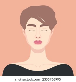 Beautiful woman with short haircut and closed eyes. Portrait of a girl. Vector illustration   
