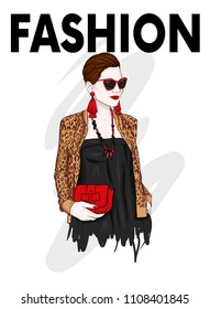 Beautiful woman with a short haircut in a stylish jacket and dress. Clothing, accessories and jewelry. Fashion & Style. Vector illustration for a postcard or a poster. Fashionable look.