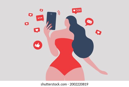 Beautiful woman shouting in loud speaker with social media icons. Influencer social media marketing, blogger, social influencer and influencer marketing concept, vlogging vector illustration