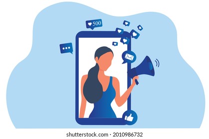 Beautiful woman shouting in loud speaker with social media icons. Influencer social media marketing, blogger, vlogging, social influencer and influencer marketing concept vector illustration