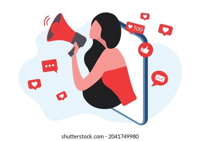 Beautiful woman shouting in loud speaker with social media icons. Influencer social media marketing, blogger, social influencer and influencer marketing concept vector illustration