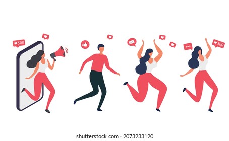 Beautiful woman shouting in loud speaker with social media icons. Influencer social media marketing, blogger, social influencer and influencer marketing concept vector illustration