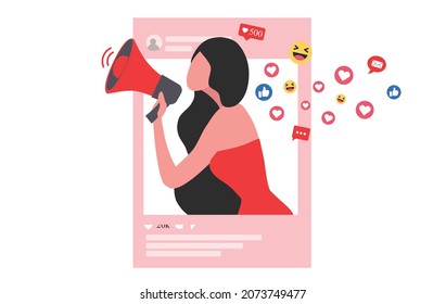 Beautiful Woman Shouting In Loud Speaker With Social Media Icons. Influencer Social Media Marketing Concept And Blogger Vector Illustration