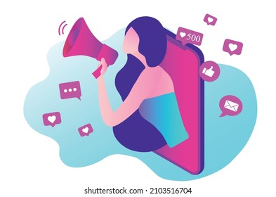 Beautiful woman shouting in loud speaker with social media icons. Influencer social media marketing, blogger, vlogging, social influencer and influencer marketing concept vector illustration