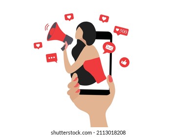 Beautiful woman shouting in loud speaker with social media icons. Influencer social media marketing, blogger, vlogging, social influencer and influencer marketing concept vector illustration