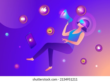 Beautiful woman shouting in loud speaker with social media icons. Influencer social media marketing, blogger, vlogging, social influencer and influencer marketing concept vector illustration