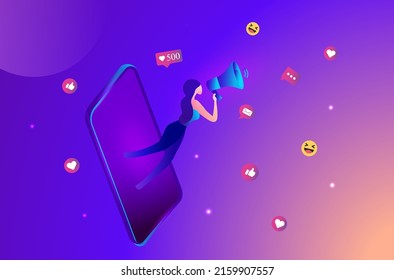 Beautiful woman shouting in loud speaker with social media icons. Influencer social media marketing, blogger, vlogging, social influencer and influencer marketing concept vector illustration