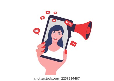 Beautiful woman shouting in loud speaker with social media icons. Influencer social media marketing, blogger, vlogging, social influencer and influencer marketing concept vector illustration