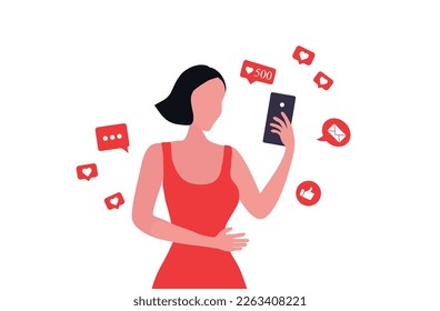 Beautiful woman shouting in loud speaker with social media icons. Influencer social media marketing, blogger, vlogging, social influencer and influencer marketing concept vector illustration