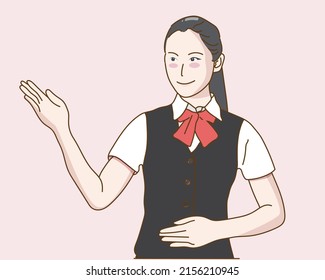 The beautiful woman showed a confident expression with a smiling face. Vector illustration. Drawing style. Concept of building trust with customers who use the service.