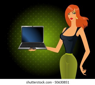 beautiful woman, showing a palm laptop - vector illustration