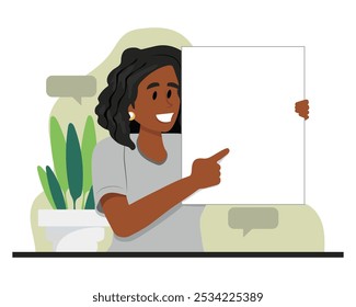 Beautiful woman showing and pointing at a blank board with happy expression, copy space, vector illustration.