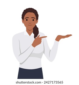 Hermosa mujer que muestra y señala con el dedo la esquina superior izquierda y derecha con consejos de expresión feliz utilice este espacio de copia. Ilustración vectorial plana aislada sobre fondo blanco