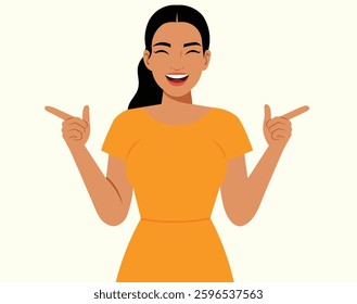Beautiful woman showing and pointing fingers upper left and right corner