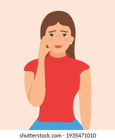 Beautiful woman showing sign of Deaf Language with gesture. Facial expression with hand gesture. Girl Shows Sign of close your  mouth, She tells silence please, isolated Vector illustration