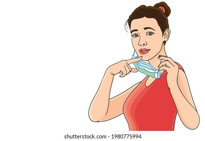 Beautiful woman shows acne on face caused by wearing medical mask, accumulation of fungi, skin irritation, girl allergic to mask ,skin care, during Coronavirus outbreak concept. Vector Illustration.