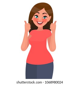 A beautiful woman shows a gesture of approval. Cool or Ok.  Thumb lifted up. Vector illustration in a flat style