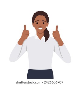 A beautiful woman shows a gesture of approval. Cool or Ok. Thumb lifted up. Flat vector illustration isolated on white background