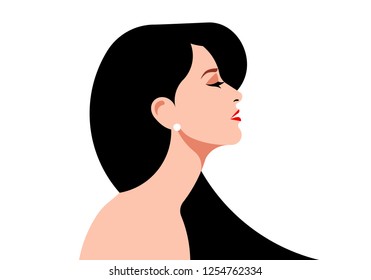 Beautiful woman side view. Close-up portrait of a elegant lady with black long hair. Vector illustration.